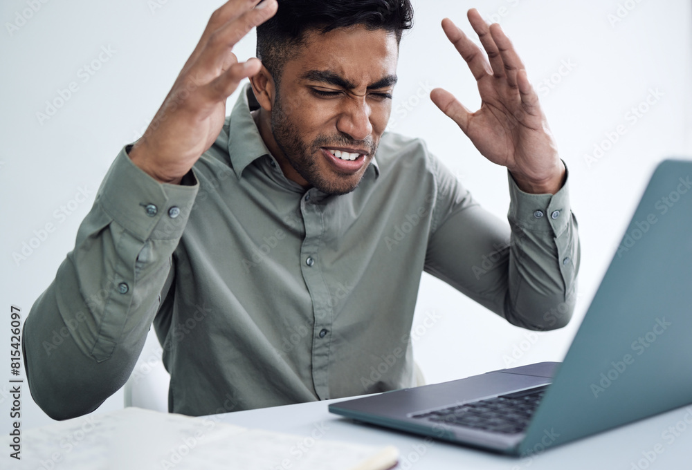Stress, angry or business man on laptop for disaster, financial crisis or reading bankruptcy email in office. Frustrated professional, annoyed and anxiety for debt, tax or consultant with mistake Stress, angry or business man on laptop for disaster, financial crisis or reading bankruptcy email in office. Frustrated professional, annoyed and anxiety for debt, tax or consultant with mistake
