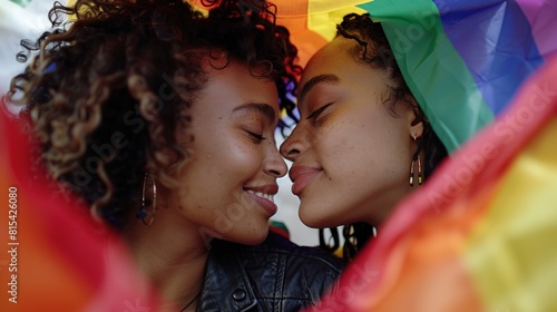 Two women are kissing each other under a rainbow flag