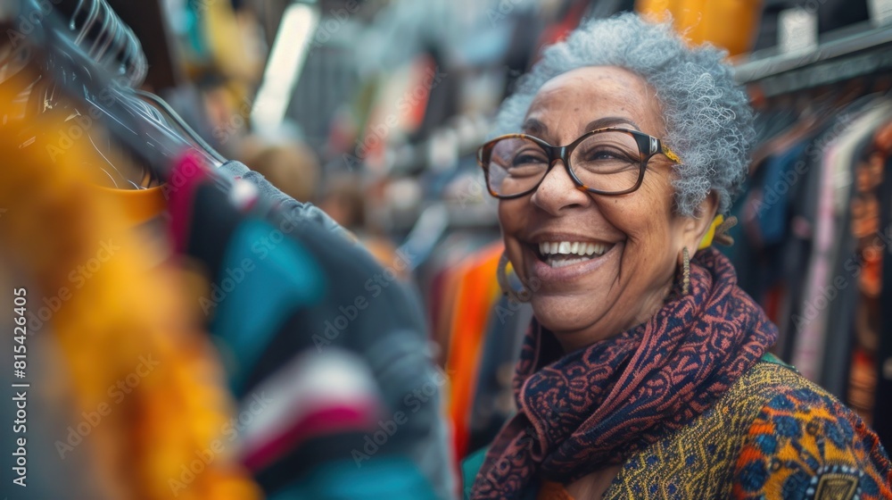 Obraz premium A woman is smiling while looking at clothes in a store