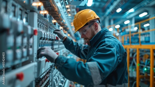 An engineer replacing outdated circuit breakers in the factory's main electrical panel. photo