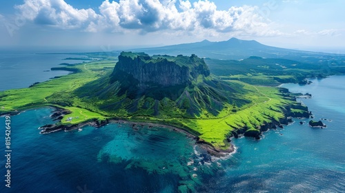 Aerial view of Jeju Island in South Korea, highlighting its volcanic landscape, beautiful coastlines, and famous Seongsan Ilchulbong peak. 
