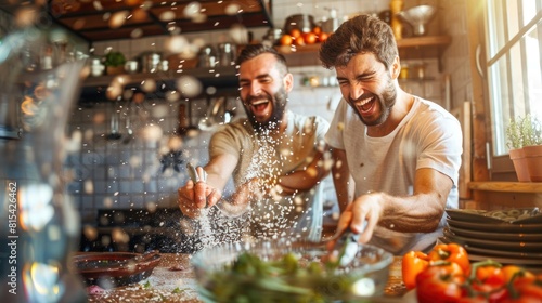 Two men are laughing and sprinkling salt on a salad