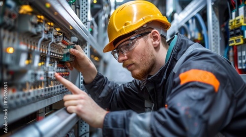 An engineer performing maintenance on the main electrical supply room.