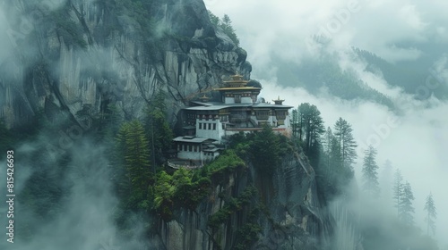 Aerial view of Bhutan's Paro Taktsang (Tiger's Nest Monastery) perched on a cliffside, surrounded by misty mountains and lush forest photo