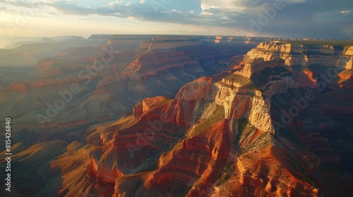 Aerial view of the Grand Canyon in the United States, showcasing its vast and rugged landscape with layers of red rock formations stretching into the horizon. 