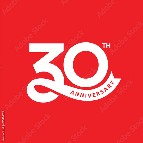 30 years anniversary logo in modern minimal concept. 30th anniversary template, icon, stamp, label with ribbon. Company or person Birthday celebration greeting card sign and symbol.