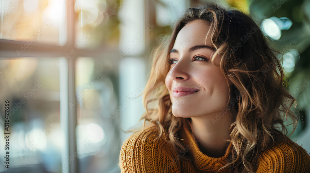 Happy woman smiling and looking at the window in a modern cafe. Happy woman smiling and looking at the window in a modern cafe.