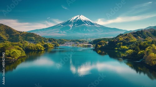 Aerial view of Mount Fuji in Japan, with its snow-capped peak and the serene Lake Kawaguchi reflecting the mountain.      photo