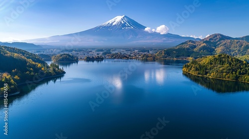 Aerial view of Mount Fuji in Japan, with its snow-capped peak and the serene Lake Kawaguchi reflecting the mountain. 