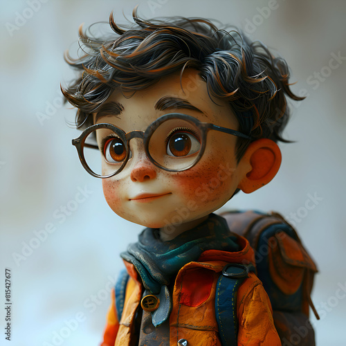 Portrait of a cute little boy with glasses and a backpack. © Wazir Design