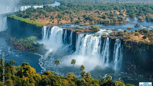 Aerial view of Victoria Falls on the border of Zambia and Zimbabwe  with the massive waterfall plunging into the Zambezi River amidst lush rainforest.     