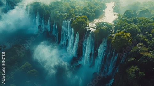 Aerial view of Victoria Falls on the border of Zambia and Zimbabwe, with the massive waterfall plunging into the Zambezi River amidst lush rainforest.      photo