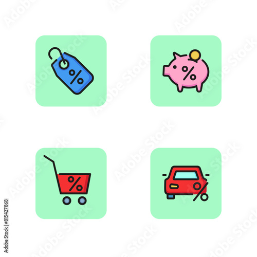 Sale line icon set. Discount tag, shopping cart for profitable purchases, piggy bank and auto loan. Savings money concept. Vector illustration for web design