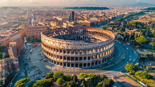 Aerial view of the Colosseum in Rome, Italy, with its ancient amphitheater structure surrounded by the historic cityscape and modern buildings. 