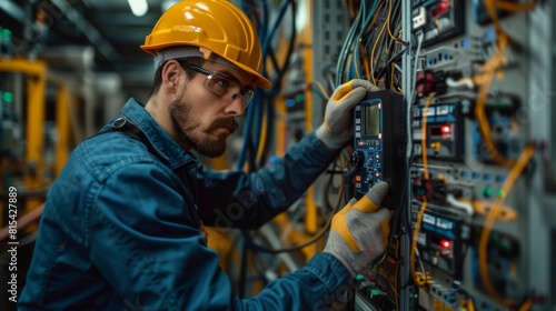 An electrical engineer using a multimeter to check current flow in industrial equipment. © G.Go