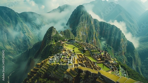 Aerial view of Machu Picchu in Peru, with its ancient Incan ruins perched high in the Andes Mountains and surrounded by lush green forests. 