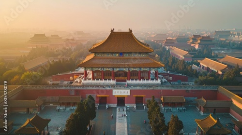 Aerial view of the Forbidden City in Beijing  China  with its vast imperial palaces  courtyards  and surrounding traditional Chinese architecture.     