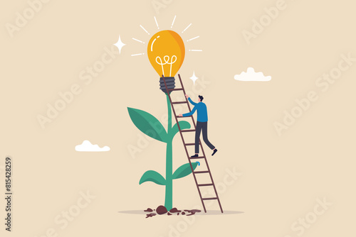 Creativity idea, solution or persuade success, climb up career ladder or business growth, improvement progress, personal development concept, businessman climb up ladder to reach lightbulb grow plant.