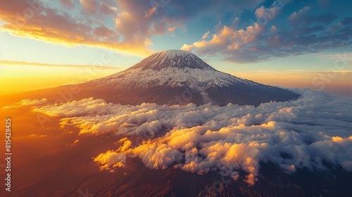 Aerial view of Mount Kilimanjaro in Tanzania, showcasing its snow-capped peak and the surrounding savannah landscape at sunrise. 