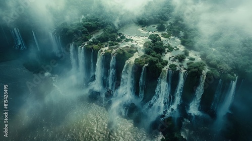 Aerial view of the Iguazu Falls on the border of Argentina and Brazil, with the massive waterfalls plunging into the river surrounded by lush rainforest.      photo