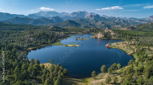 Aerial view of the Rocky Mountains in Colorado  USA  showcasing the rugged peaks  deep valleys  and alpine lakes with lush forests.     