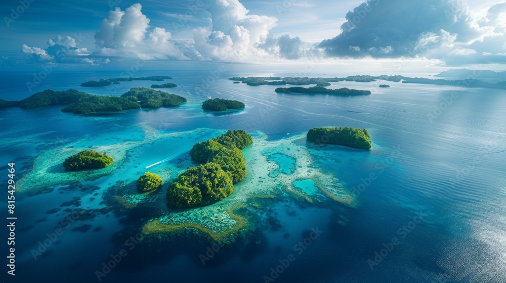 Aerial view of the Palau archipelago in the Pacific Ocean, featuring its stunning coral reefs, turquoise waters, and lush green islands.     