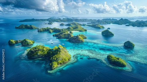Aerial view of the Palau archipelago in the Pacific Ocean, featuring its stunning coral reefs, turquoise waters, and lush green islands.      photo