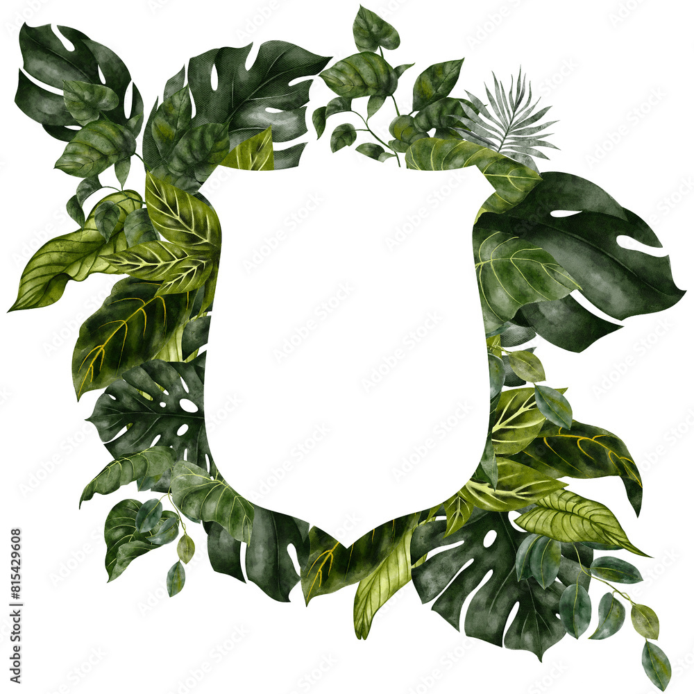 Fototapeta premium Watercolor hand draw tropical frame. Wild tropic flowers and leaves. Monstera, palm leaves, hibiscus, frangipani and butterfly, isolated on transparent background. PNG files 