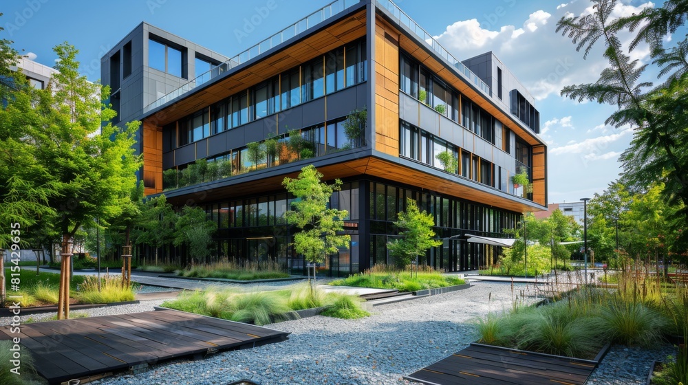 Obraz premium A modern office building with a facade designed to reduce urban heat island effect.