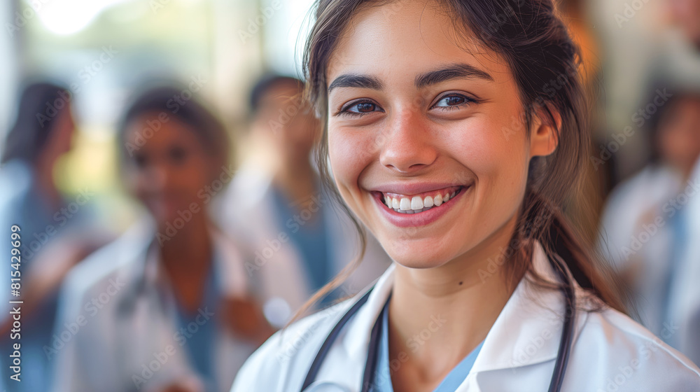 Smiling Young Female Doctor with Stethoscope in Medical Team - Healthcare Professionals, Medical Training, Empowering Women in Medicine, Diverse Healthcare Staff Smiling Young Female Doctor with Stethoscope in Medical Team - Healthcare Professionals, Medical Training, Empowering Women in Medicine, Diverse Healthcare Staff