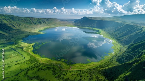 Aerial view of the Ngorongoro Crater in Tanzania, featuring the vast volcanic caldera, diverse wildlife, and lush green vegetation.      photo