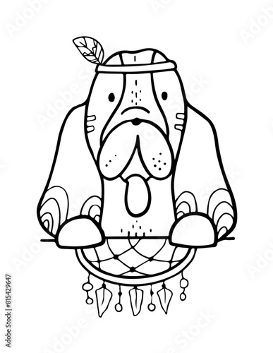 black silhouettes of stylized dogs with folk patterns and natural decorations. Vector black prints of various puppys with a tribal boho pattern.