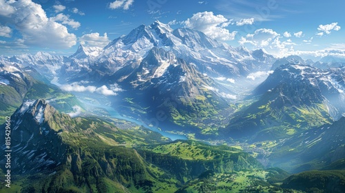 Aerial view of the Swiss Alps, featuring snow-capped peaks, deep valleys, and picturesque villages nestled among the mountains. 