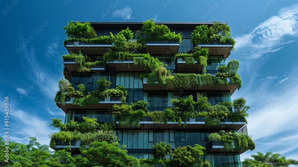 A modern corporate building with eco-friendly vertical gardens on its exterior.