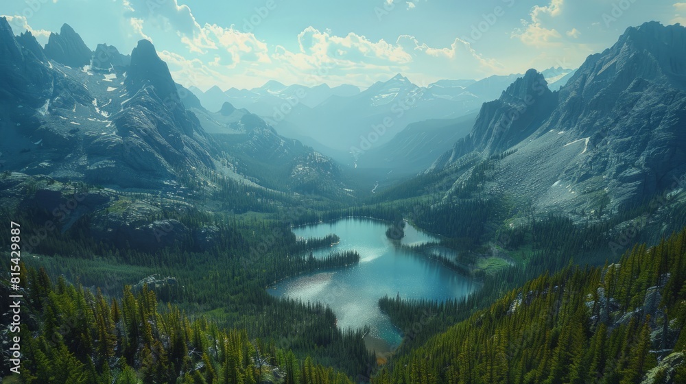 Aerial view of the Canadian Rockies, featuring towering peaks, glacial lakes, and dense pine forests stretching into the distance.     