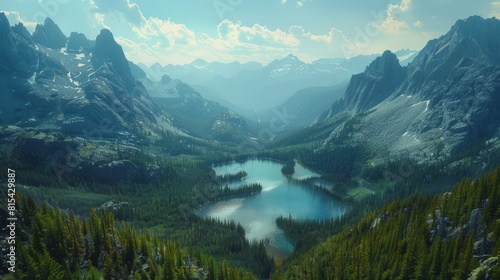 Aerial view of the Canadian Rockies, featuring towering peaks, glacial lakes, and dense pine forests stretching into the distance. 