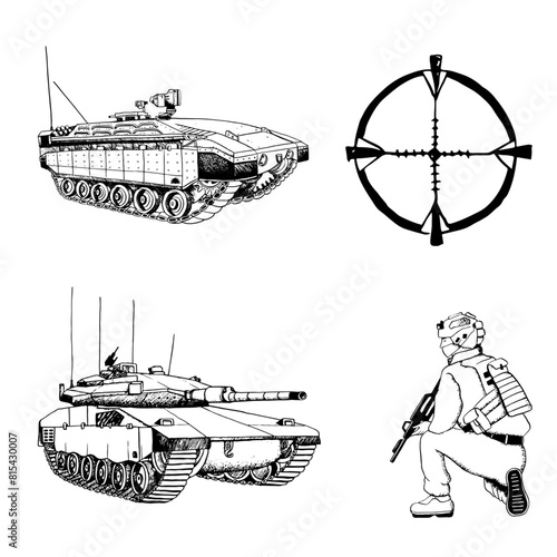 Military set of Merkava tank and personnel carrier Namer with sniper soldier of Israeli Defense Forces black and white graphic vector illustration