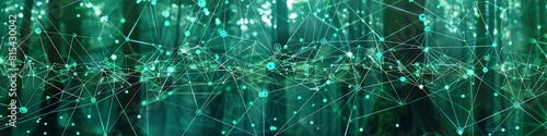 A digital tapestry featuring interconnected nodes in shades of green and teal