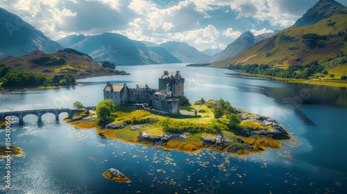 Aerial view of the Scottish Highlands, featuring rugged mountains, deep lochs, and historic castles surrounded by picturesque landscapes. 