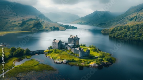 Aerial view of the Scottish Highlands, featuring rugged mountains, deep lochs, and historic castles surrounded by picturesque landscapes. 