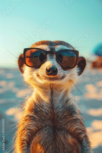 An adorable meerkat wears sunglasses on a sandy beach, under a clear blue sky