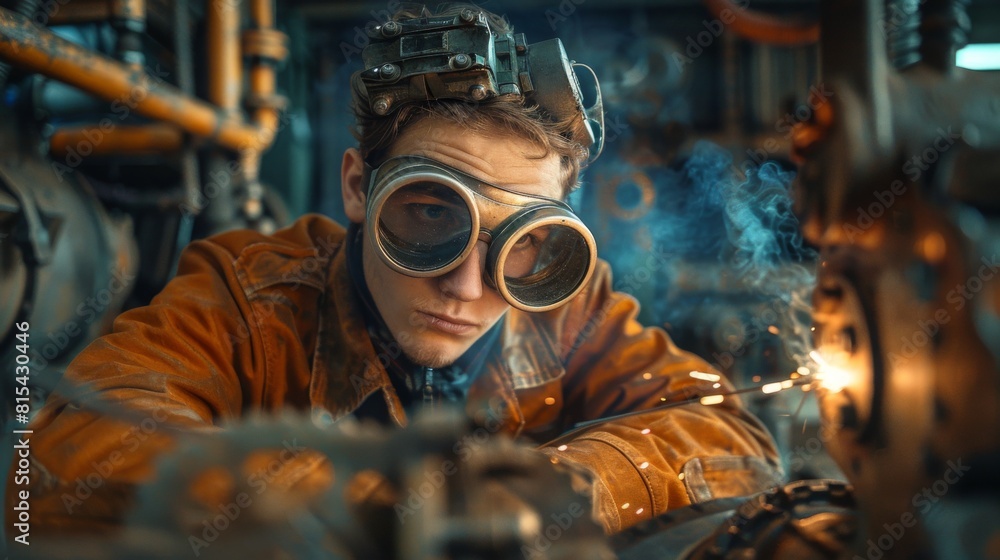 A mechanic wearing safety goggles welding a broken machine part. A mechanic wearing safety goggles welding a broken machine part.