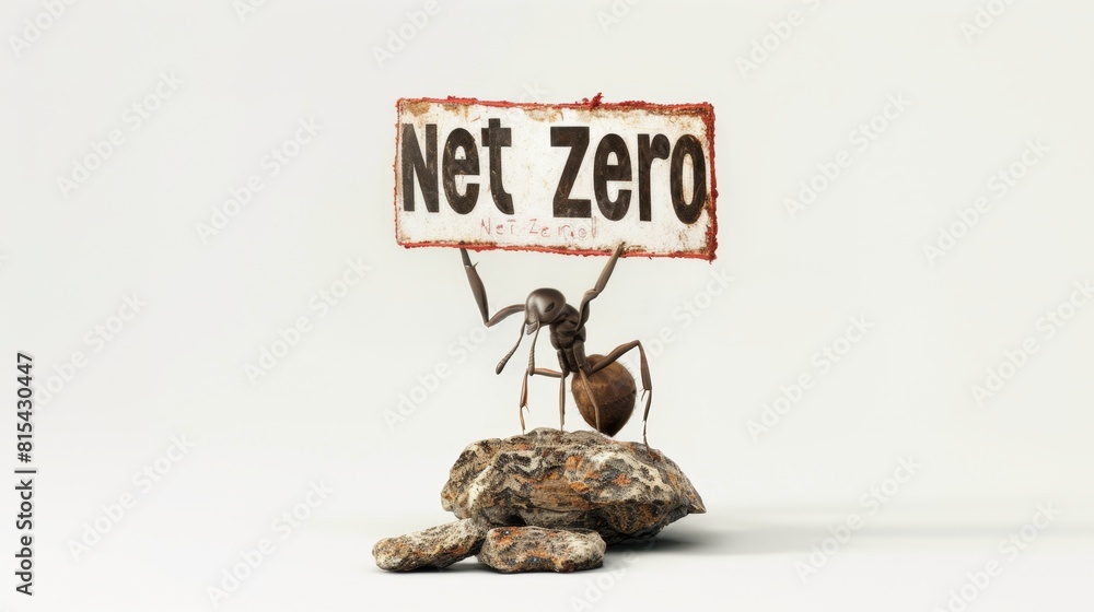 Obraz premium Ant Carrying 'Net Zero' Sign.
