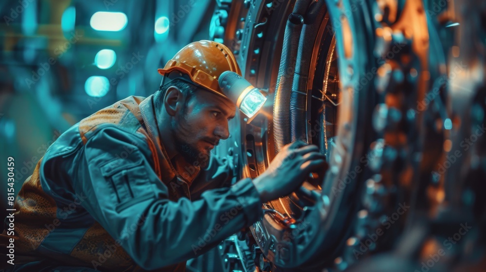 A mechanic wearing a headlamp fixing a dark, hard-to-reach area inside machinery. A mechanic wearing a headlamp fixing a dark, hard-to-reach area inside machinery.