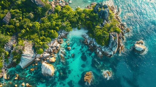 Aerial view of the Seychelles, with its granite boulders, turquoise waters, and lush tropical vegetation on the Indian Ocean islands. 