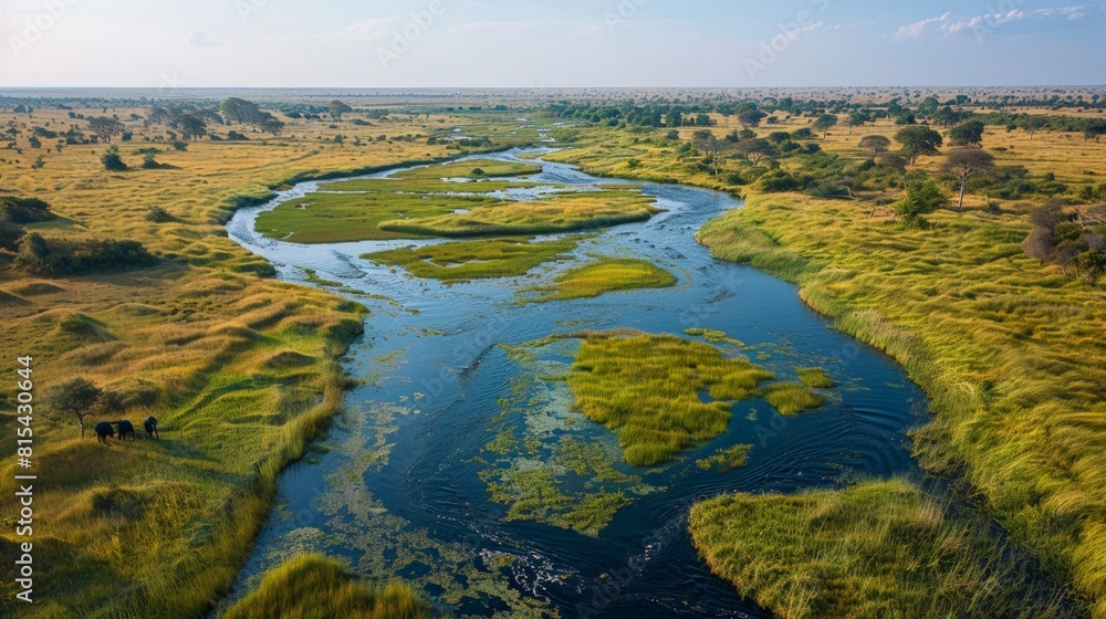 Aerial view of the Okavango Delta in Botswana, showcasing its vast wetlands, winding channels, and diverse wildlife including elephants and hippos.     
