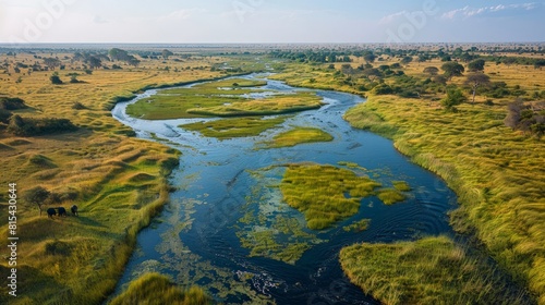 Aerial view of the Okavango Delta in Botswana, showcasing its vast wetlands, winding channels, and diverse wildlife including elephants and hippos. 