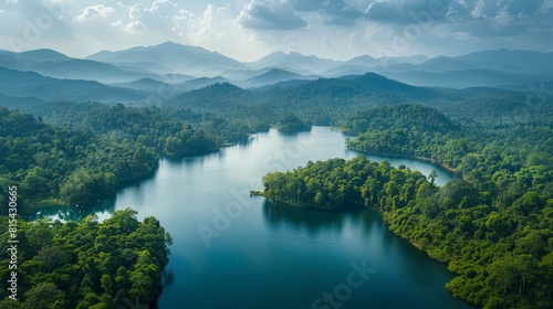 Aerial view of the Thekkady in Kerala, India, showcasing the dense Periyar Wildlife Sanctuary with its lush greenery and diverse wildlife. 