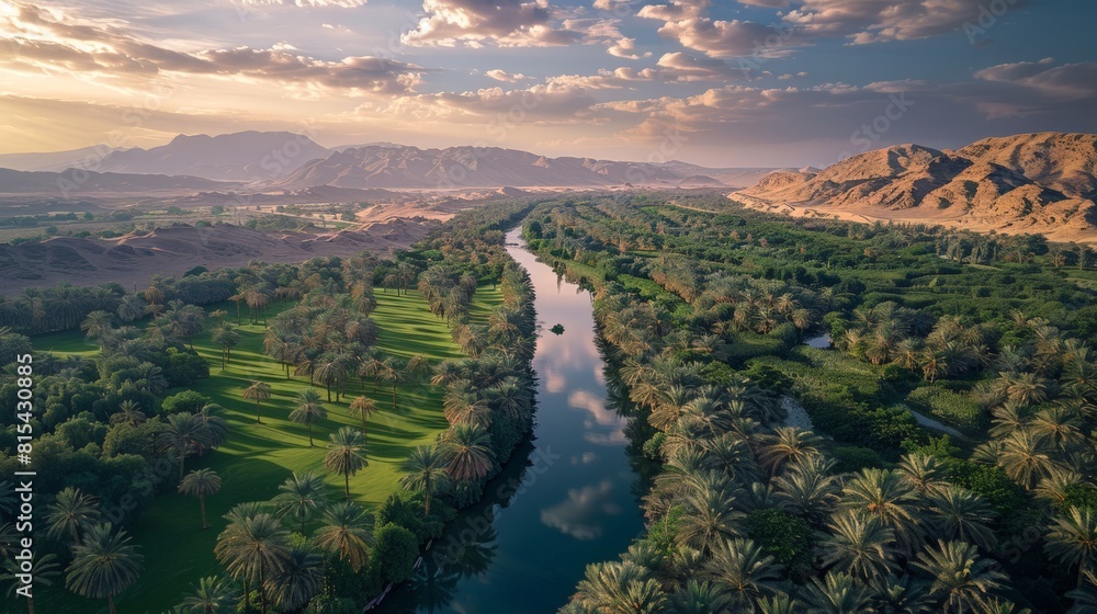 Aerial view of the Al Ain Oasis in the UAE, showcasing the extensive palm groves, traditional falaj irrigation system, and surrounding desert landscape.     