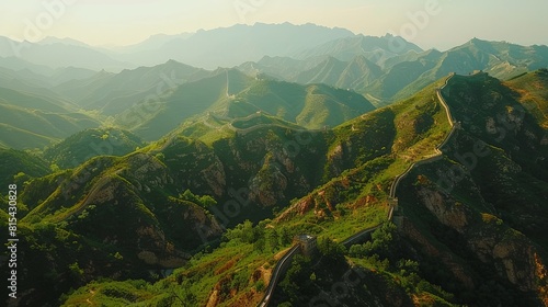 Aerial view of the Great Wall of China stretching across rugged mountains and valleys, with sections winding over steep ridges and through lush forests. 